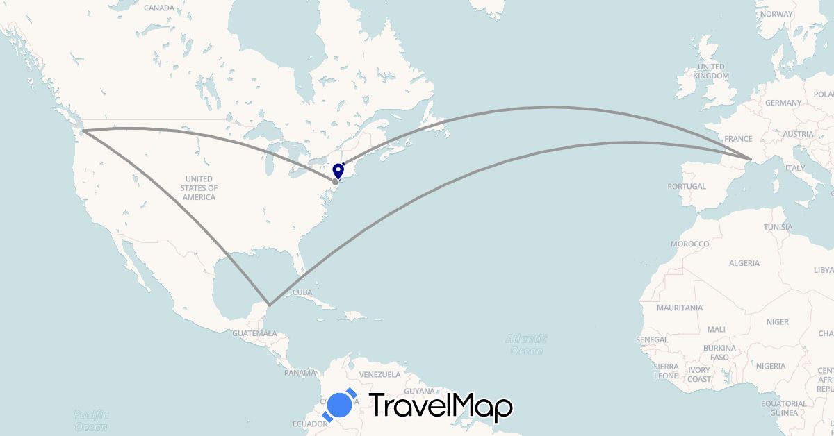 TravelMap itinerary: driving, plane in France, Mexico, United States (Europe, North America)